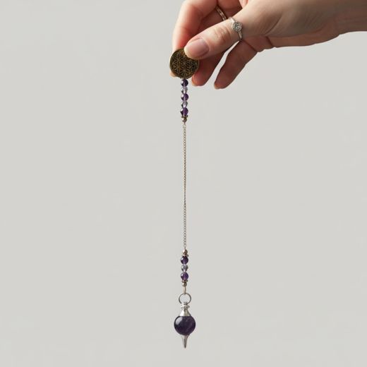 Péndulo Mineral Bola Amatista y Flor de la Vida