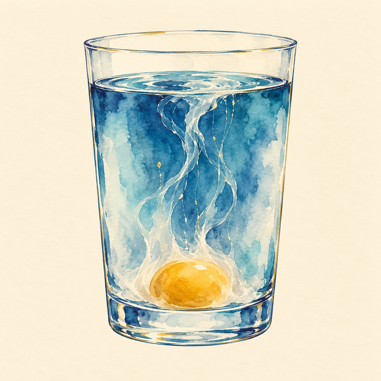Ilustración en acuarela: vaso con agua y una yema al fondo de la que suben hilos blancos hacia la superficie