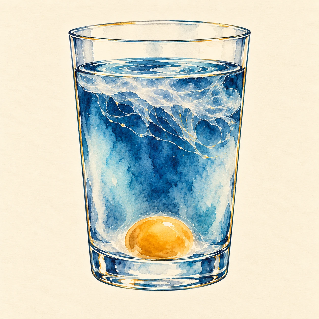 Ilustración en acuarela: vaso con agua y un velo blanco extendido bajo la superficie, con la yema limpia al fondo