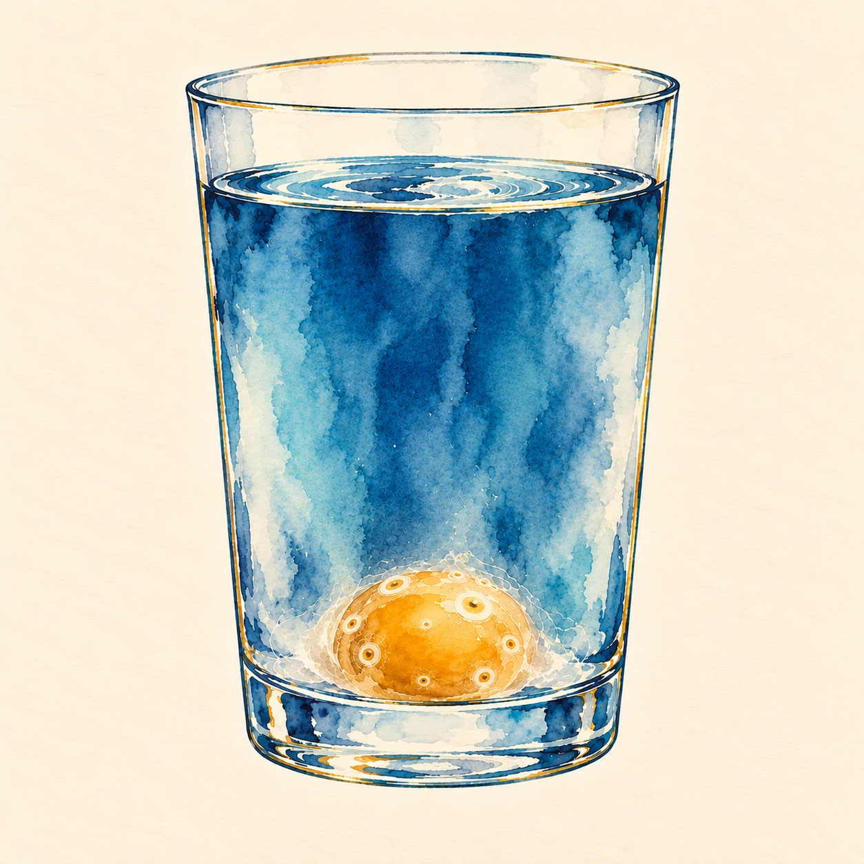 Ilustración en acuarela: vaso con agua y una yema cubierta de pequeñas burbujas redondas que parecen ojos