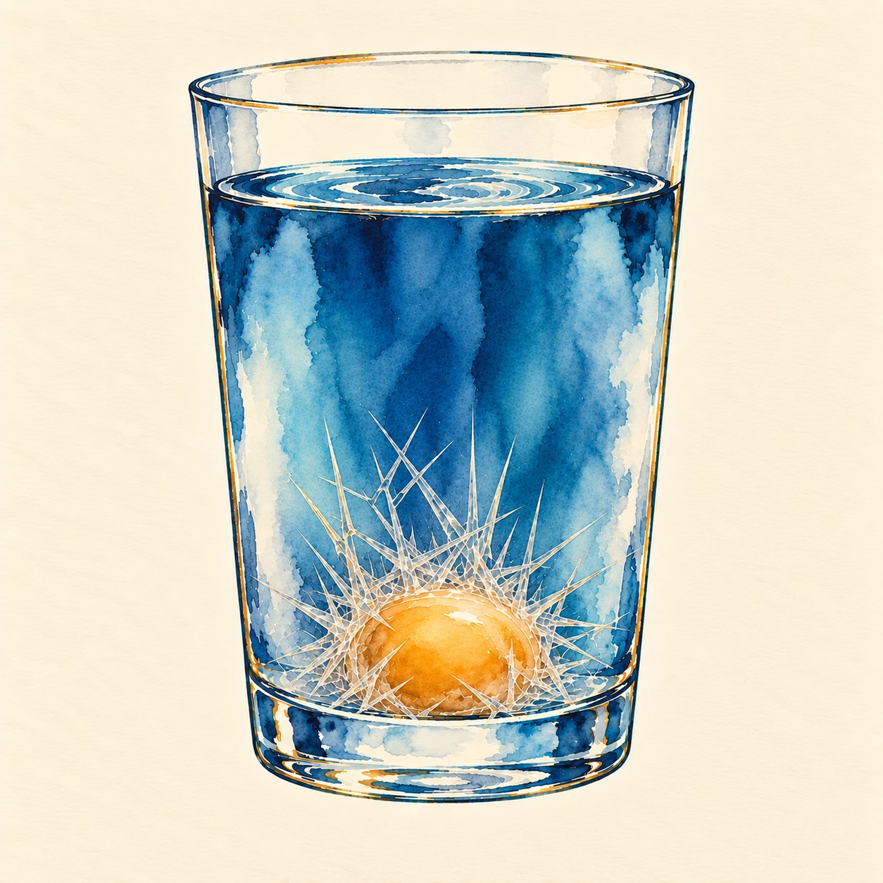 Ilustración en acuarela: vaso con agua y una yema rodeada de púas finas que salen en todas direcciones