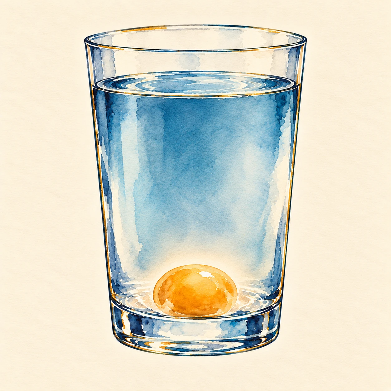 Ilustración en acuarela: vaso con agua perfectamente limpia y la yema entera posada en el fondo