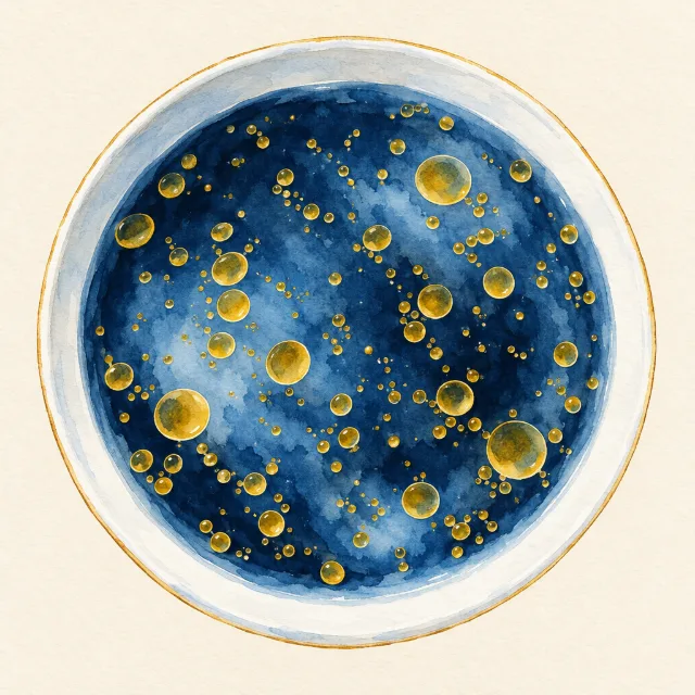 Prueba del aceite: muchas gotitas doradas dispersas por el plato de agua